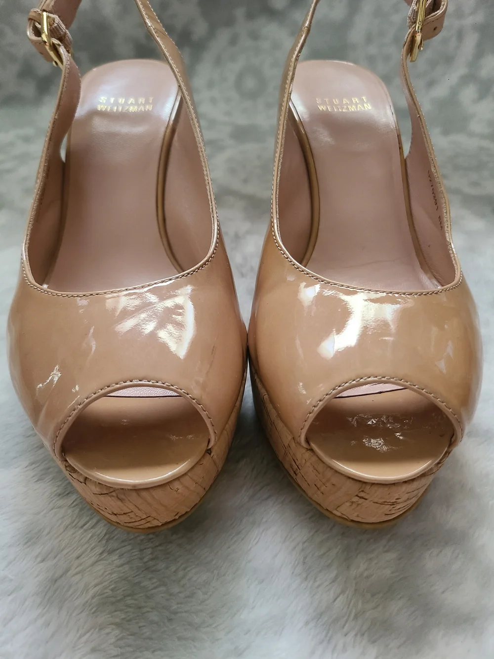 Stuart Weitzman Nude Patent Peep-Toe Cork Wedge Slingback Heels Size 8 - Picture 11 of 12